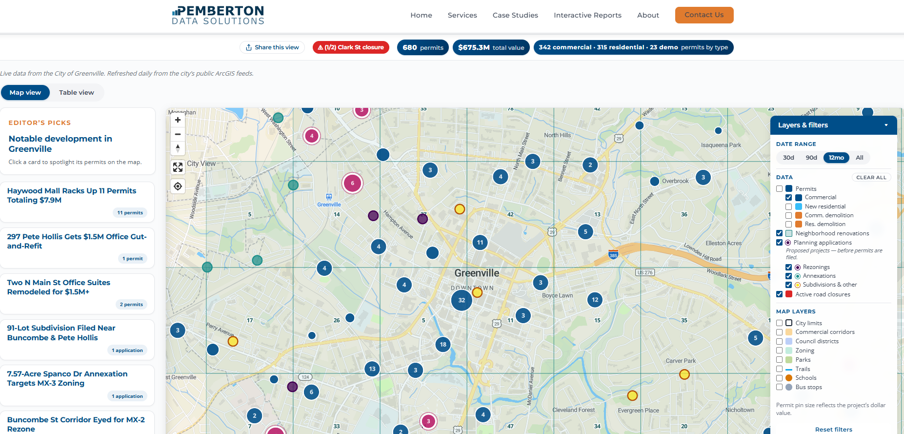 Greenville Development Explorer map showing permit pins across the city with a legend panel on the right