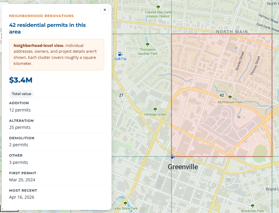 Grid cell showing aggregated residential permit data: count and valuation total, no individual addresses